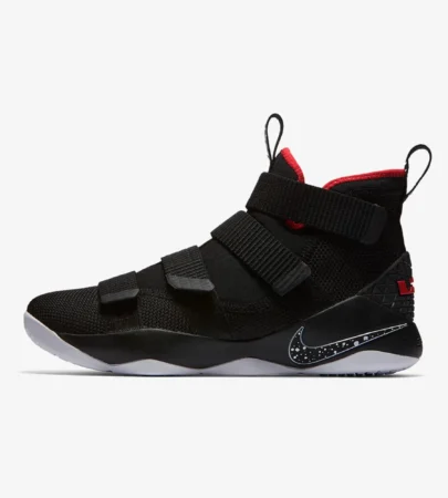 nike lebron soldier 11 bred side view nike lebron soldier 11 black university red close up nike lebron soldier 11 laceless strap design nike lebron soldier 11 outsole detail lebron soldier 11 on court action image nike lebron basketball sneakers pakistan