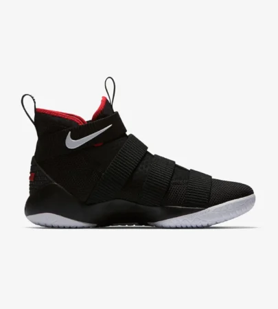 nike lebron soldier 11 bred side view nike lebron soldier 11 black university red close up nike lebron soldier 11 laceless strap design nike lebron soldier 11 outsole detail lebron soldier 11 on court action image nike lebron basketball sneakers pakistan