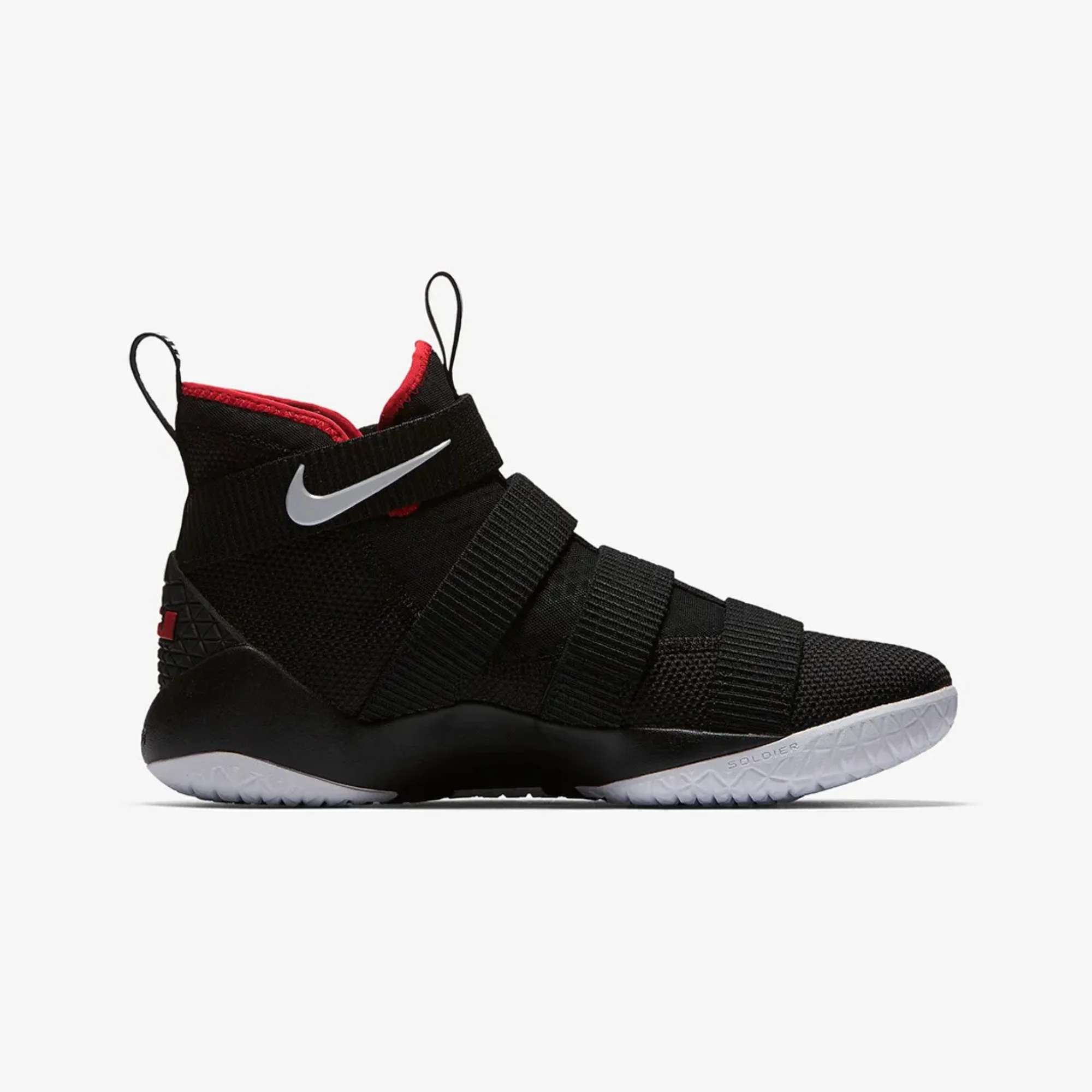 nike lebron soldier 11 bred side view nike lebron soldier 11 black university red close up nike lebron soldier 11 laceless strap design nike lebron soldier 11 outsole detail lebron soldier 11 on court action image nike lebron basketball sneakers pakistan