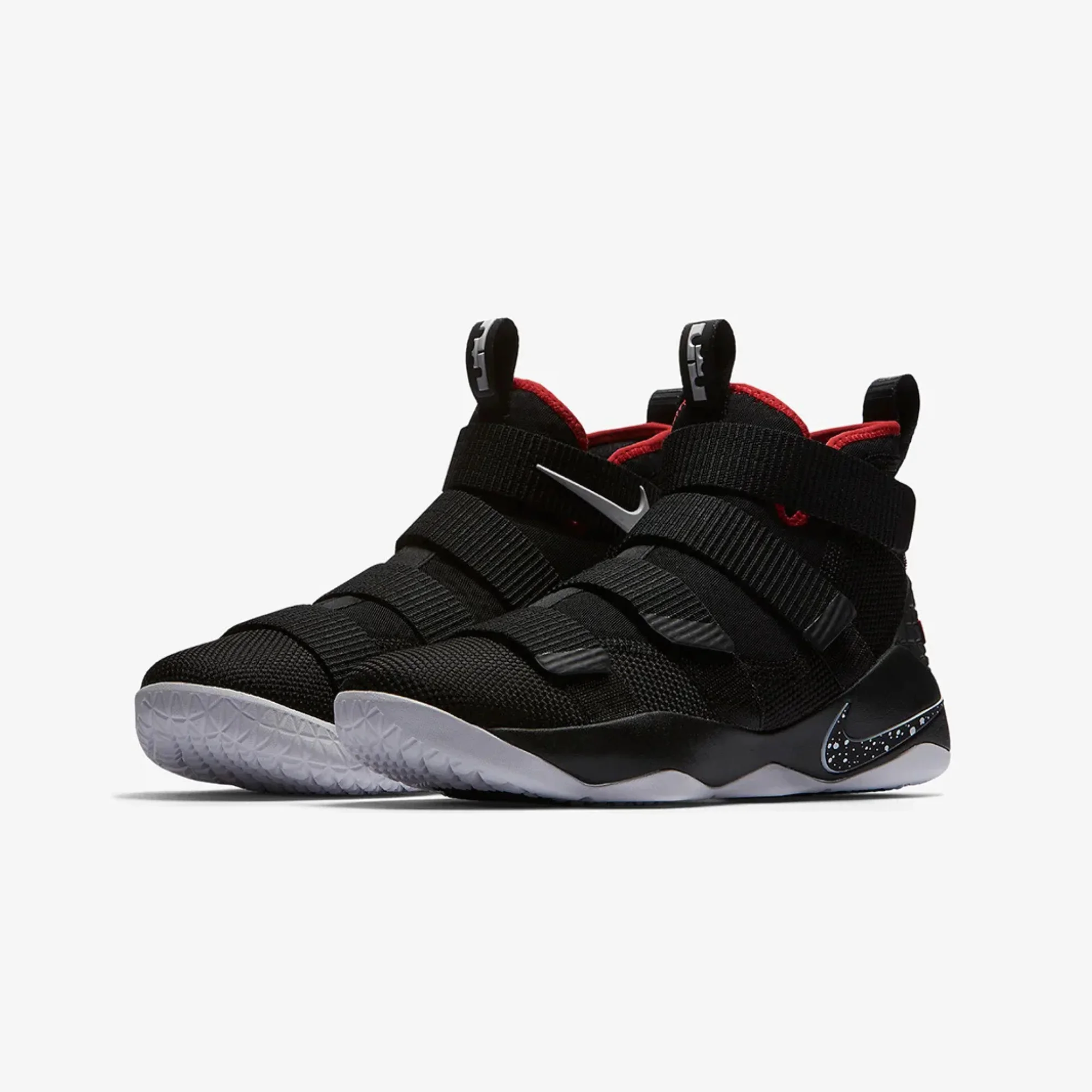 nike lebron soldier 11 bred side view nike lebron soldier 11 black university red close up nike lebron soldier 11 laceless strap design nike lebron soldier 11 outsole detail lebron soldier 11 on court action image nike lebron basketball sneakers pakistan
