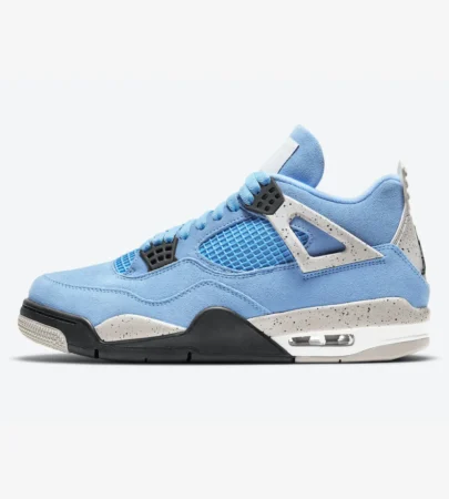 air jordan 4 university blue side view, jordan 4 unc suede upper close up, air jordan 4 university blue cement midsole, jordan 4 university blue mesh panels, nike air jordan 4 unc heel jumpman logo, air jordan 4 university blue outsole traction, jordan 4 unc on foot sneakers,