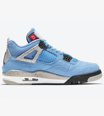 air jordan 4 university blue side view, jordan 4 unc suede upper close up, air jordan 4 university blue cement midsole, jordan 4 university blue mesh panels, nike air jordan 4 unc heel jumpman logo, air jordan 4 university blue outsole traction, jordan 4 unc on foot sneakers,