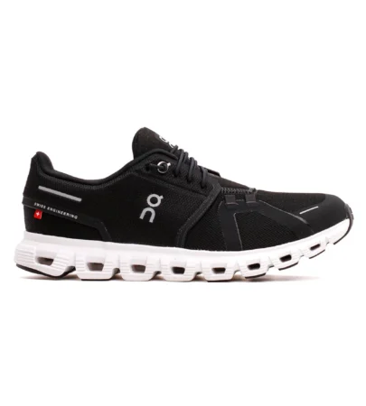 on cloud 6 black white side view, on running cloud 6 mesh upper detail, on cloud 6 cloudtec midsole cushioning, on cloud 6 outsole pods traction, on cloud 6 men lifestyle sneaker, on running cloud 6 on foot, on cloud 6 swiss engineered running shoes,