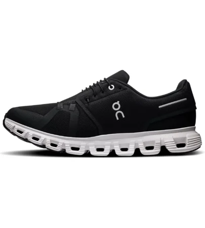 on cloud 6 black white side view, on running cloud 6 mesh upper detail, on cloud 6 cloudtec midsole cushioning, on cloud 6 outsole pods traction, on cloud 6 men lifestyle sneaker, on running cloud 6 on foot, on cloud 6 swiss engineered running shoes,