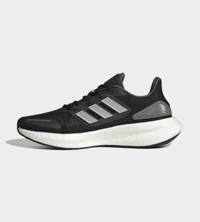 adidas pureboost 22 heat.rdy black white side view, adidas pureboost 22 mesh upper breathable design, adidas boost sole cushioning detail, adidas pureboost 22 outsole grip bottom, adidas pureboost 22 on feet running look men, adidas pureboost 22 heel cushioning close up, adidas pureboost 22 summer running shoes,