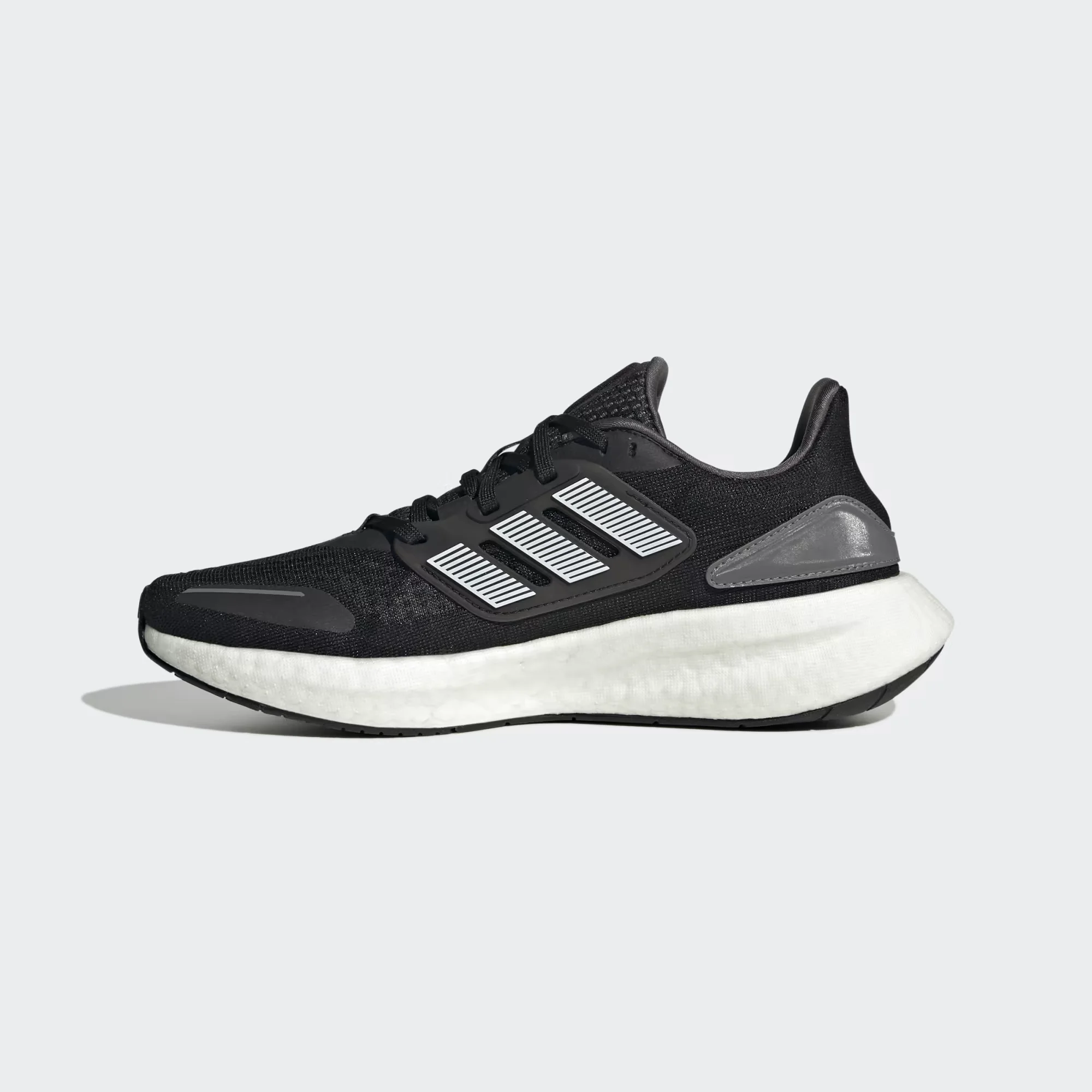 adidas pureboost 22 heat.rdy black white side view, adidas pureboost 22 mesh upper breathable design, adidas boost sole cushioning detail, adidas pureboost 22 outsole grip bottom, adidas pureboost 22 on feet running look men, adidas pureboost 22 heel cushioning close up, adidas pureboost 22 summer running shoes,