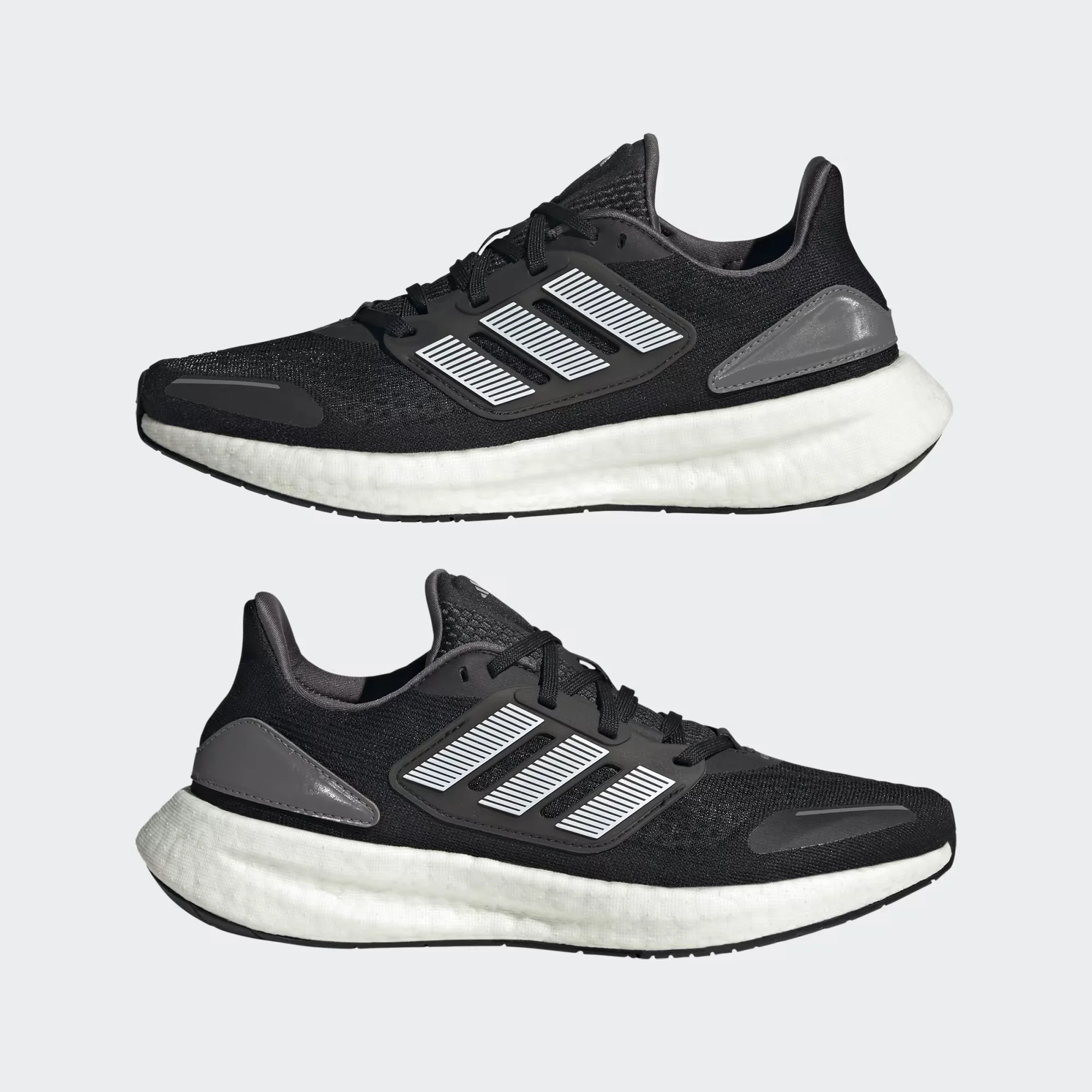 adidas pureboost 22 heat.rdy black white side view, adidas pureboost 22 mesh upper breathable design, adidas boost sole cushioning detail, adidas pureboost 22 outsole grip bottom, adidas pureboost 22 on feet running look men, adidas pureboost 22 heel cushioning close up, adidas pureboost 22 summer running shoes,