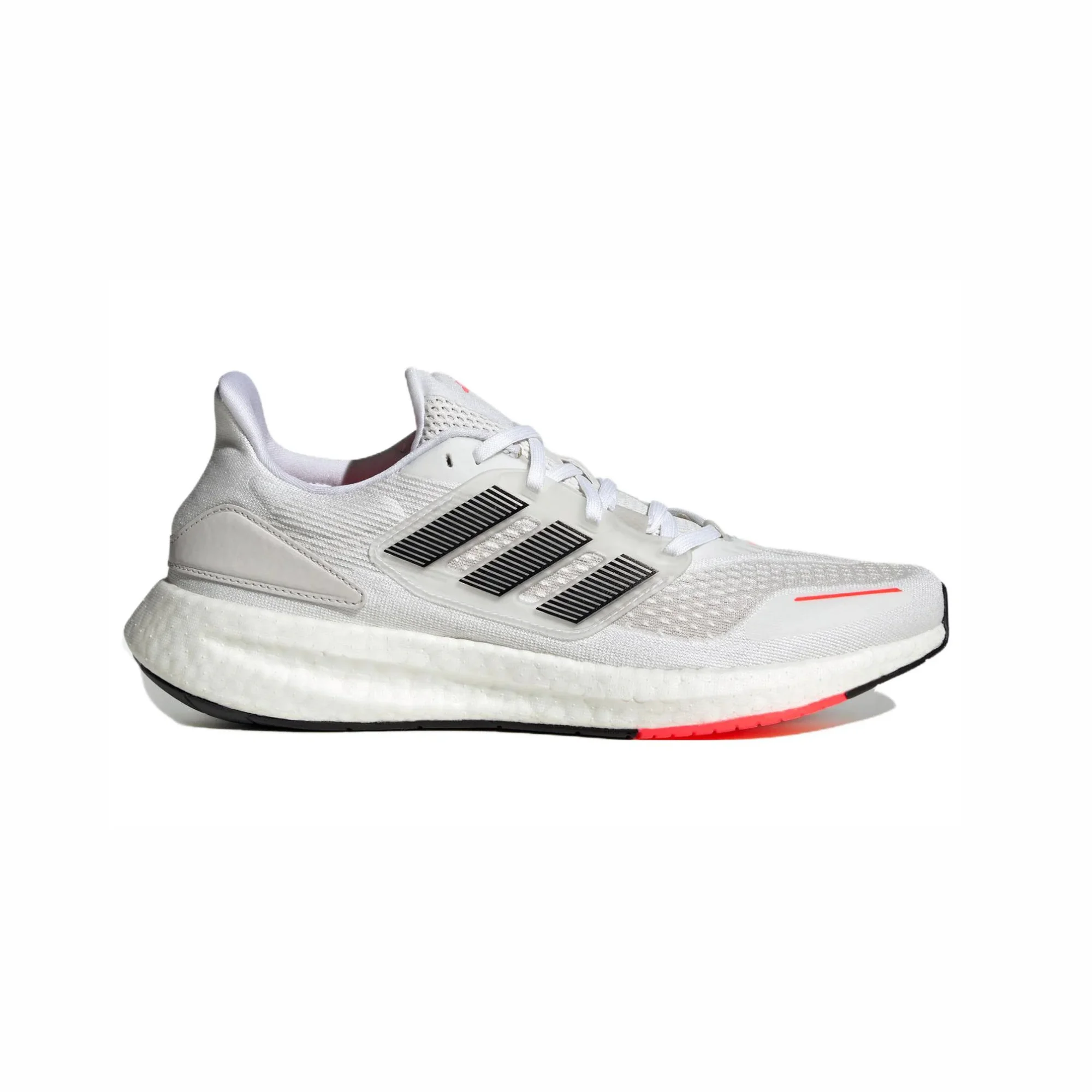 adidas pureboost 22 heat.rdy black white side view, adidas pureboost 22 mesh upper breathable design, adidas boost sole cushioning detail, adidas pureboost 22 outsole grip bottom, adidas pureboost 22 on feet running look men, adidas pureboost 22 heel cushioning close up, adidas pureboost 22 summer running shoes,