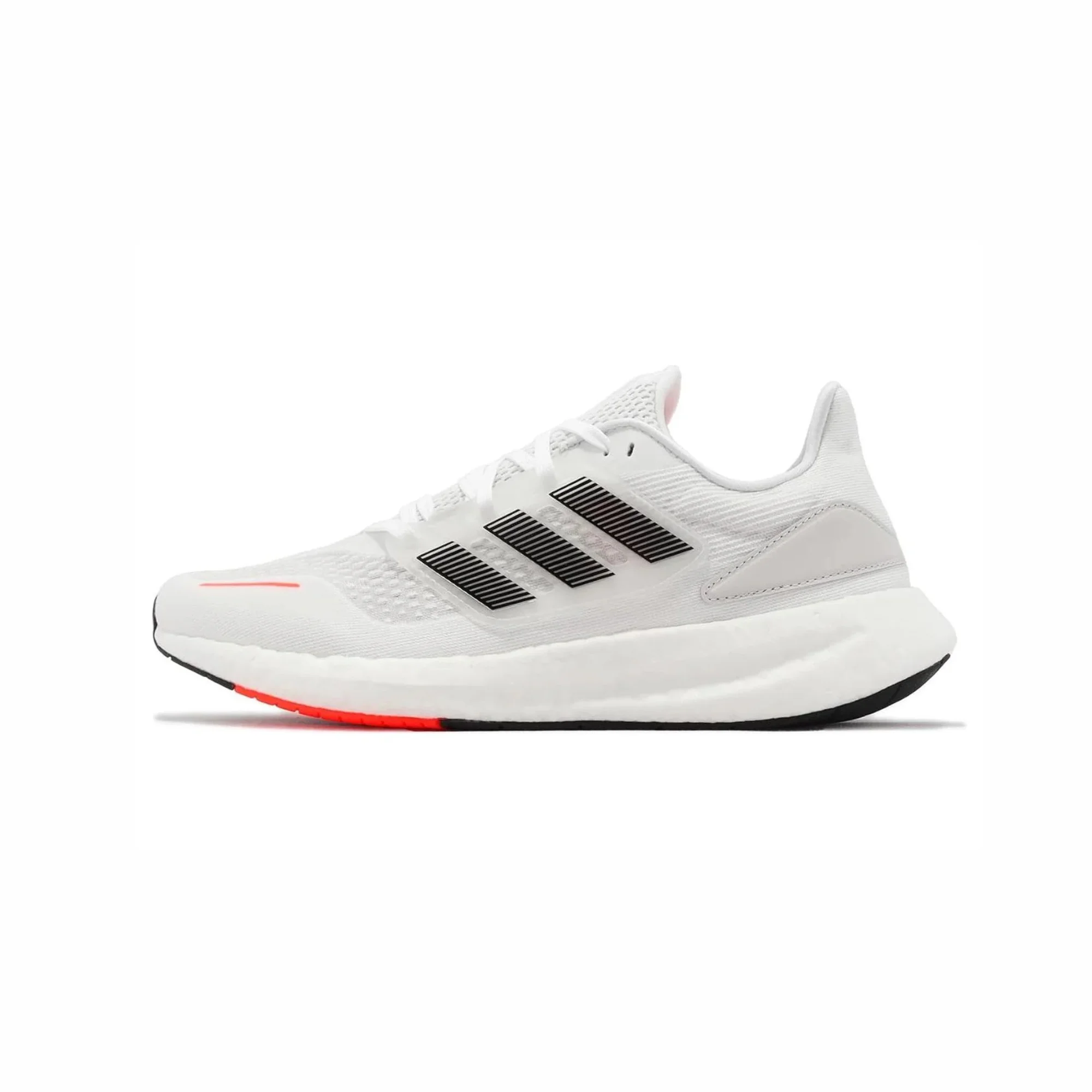 adidas pureboost 22 heat.rdy black white side view, adidas pureboost 22 mesh upper breathable design, adidas boost sole cushioning detail, adidas pureboost 22 outsole grip bottom, adidas pureboost 22 on feet running look men, adidas pureboost 22 heel cushioning close up, adidas pureboost 22 summer running shoes,