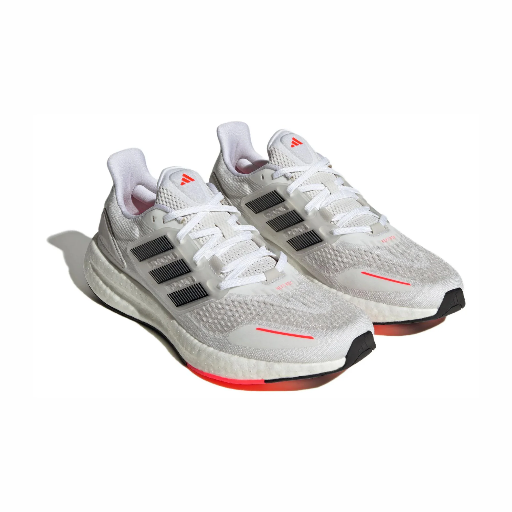 adidas pureboost 22 heat.rdy black white side view, adidas pureboost 22 mesh upper breathable design, adidas boost sole cushioning detail, adidas pureboost 22 outsole grip bottom, adidas pureboost 22 on feet running look men, adidas pureboost 22 heel cushioning close up, adidas pureboost 22 summer running shoes,