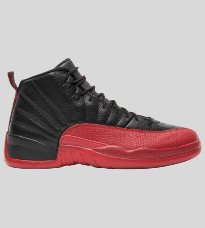 air jordan 12 flu game side view black red, jordan 12 red outsole detail close up, air jordan 12 black leather upper texture, jordan 12 flu game on feet look men, jordan 12 heel branding jumpman detail, air jordan 12 high top silhouette profile,