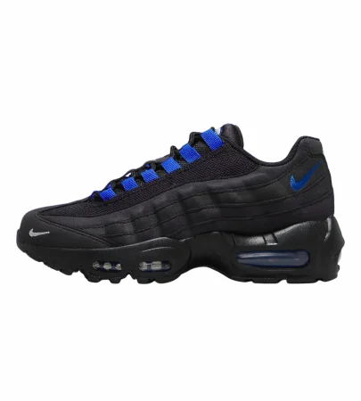 nike air max 95 black royal side view, nike air max 95 blue air unit detail, nike air max 95 mesh upper close up, nike air max 95 outsole bottom view, nike air max 95 on feet look men, nike air max 95 layered design profile, nike air max 95 blue accents branding,
