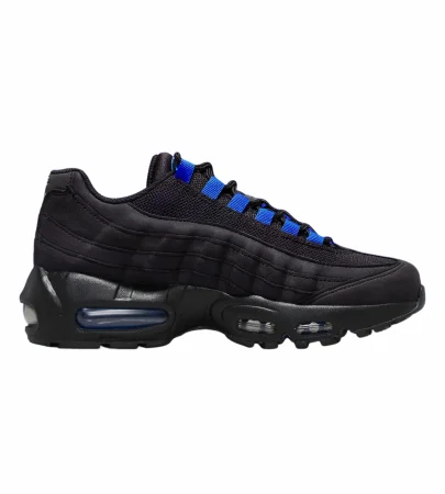 nike air max 95 black royal side view, nike air max 95 blue air unit detail, nike air max 95 mesh upper close up, nike air max 95 outsole bottom view, nike air max 95 on feet look men, nike air max 95 layered design profile, nike air max 95 blue accents branding,