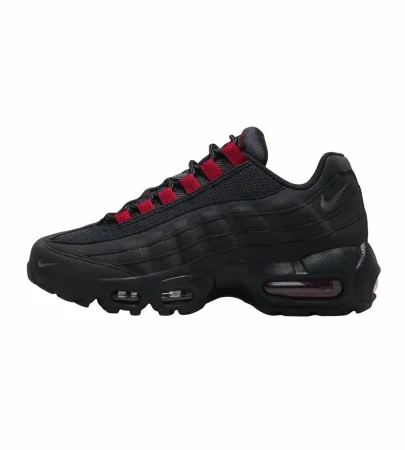 nike air max 95 black red side view, nike air max 95 red air unit detail, nike air max 95 black mesh upper close up, nike air max 95 outsole bottom view, nike air max 95 on feet look men, nike air max 95 layered design profile, nike air max 95 red accents branding,