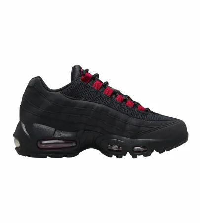 nike air max 95 black red side view, nike air max 95 red air unit detail, nike air max 95 black mesh upper close up, nike air max 95 outsole bottom view, nike air max 95 on feet look men, nike air max 95 layered design profile, nike air max 95 red accents branding,