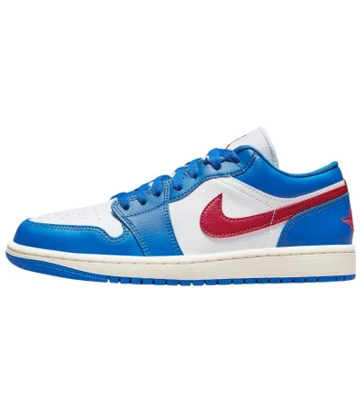 air jordan 1 low sport blue side view, jordan 1 low red swoosh detail, air jordan 1 low blue overlays close up, jordan 1 low white leather upper, air jordan 1 low on feet look men, jordan 1 low outsole blue bottom,