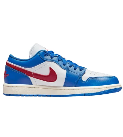 air jordan 1 low sport blue side view, jordan 1 low red swoosh detail, air jordan 1 low blue overlays close up, jordan 1 low white leather upper, air jordan 1 low on feet look men, jordan 1 low outsole blue bottom,