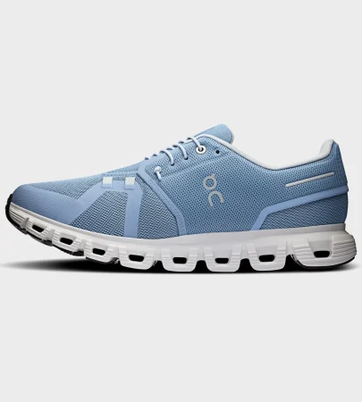 on cloud 6 chambray white side view, on running cloud 6 mens sneaker, on cloud 6 cloudtec sole closeup, on cloud 6 white blue profile, on running shoe outsole detail, on cloud 6 on feet look, lightweight swiss running shoe,