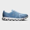 on cloud 6 chambray white side view, on running cloud 6 mens sneaker, on cloud 6 cloudtec sole closeup, on cloud 6 white blue profile, on running shoe outsole detail, on cloud 6 on feet look, lightweight swiss running shoe,