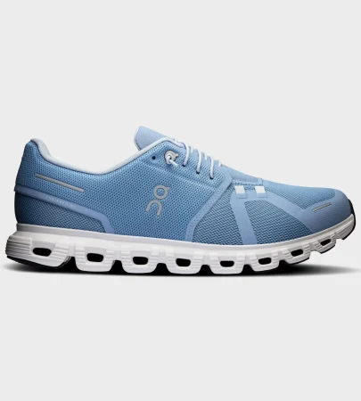 on cloud 6 chambray white side view, on running cloud 6 mens sneaker, on cloud 6 cloudtec sole closeup, on cloud 6 white blue profile, on running shoe outsole detail, on cloud 6 on feet look, lightweight swiss running shoe,