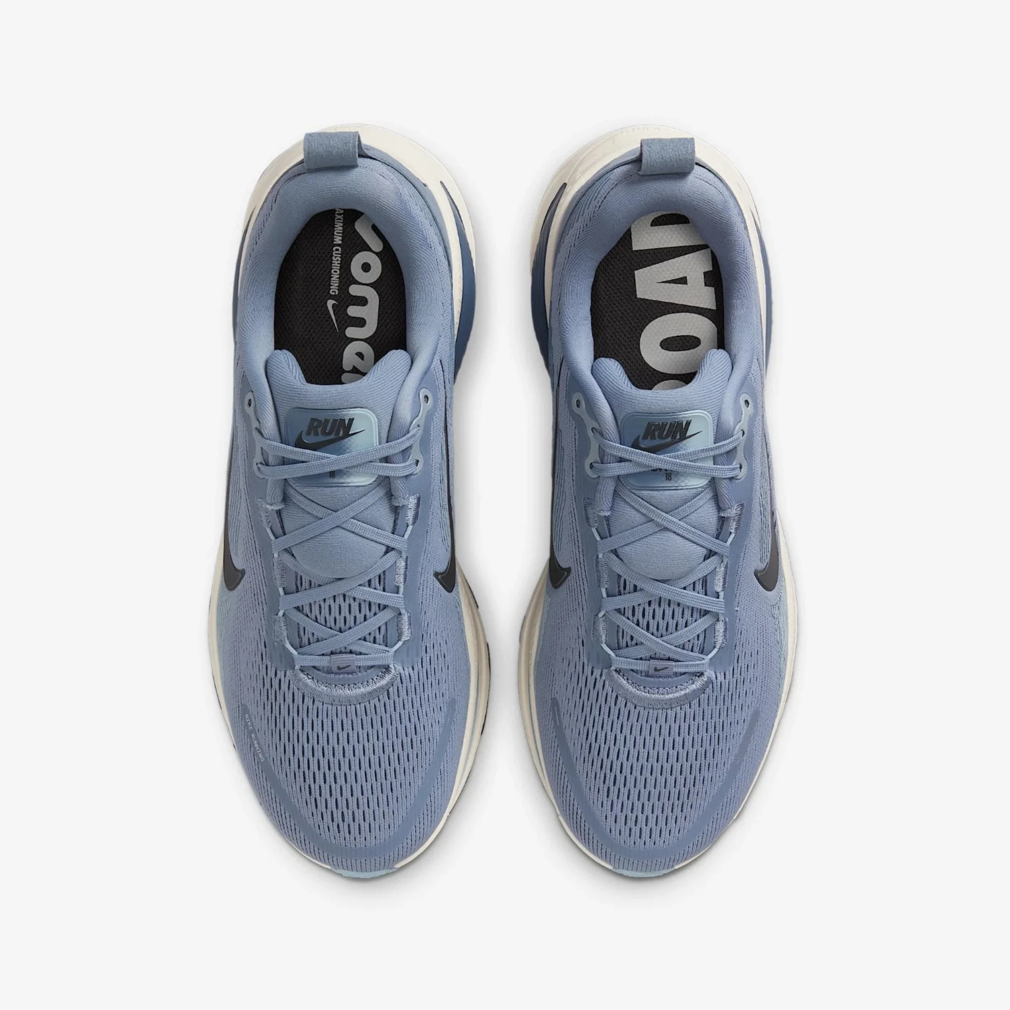 Nike Vomero 18 Ashen Slate Diffused Blue top view, Nike Vomero 18 IF0514-401 upper view, Nike Vomero 18 engineered mesh upper Diffused Blue, Nike Vomero 18 Diffused Blue on feet, Nike Vomero 18 IF0514-401 men's on foot, Nike Vomero 18 Light Armory running shoes on feet,